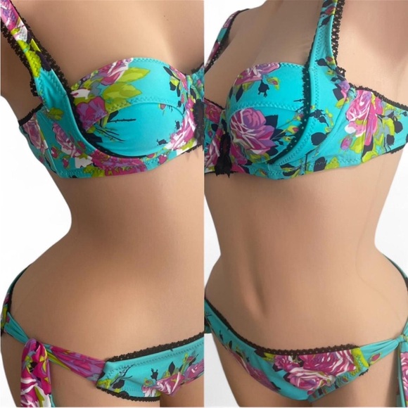 Betsey Johnson Bikini Turquoise White Pink Floral Black Embroidered Keyhole Bow - Picture 2 of 3